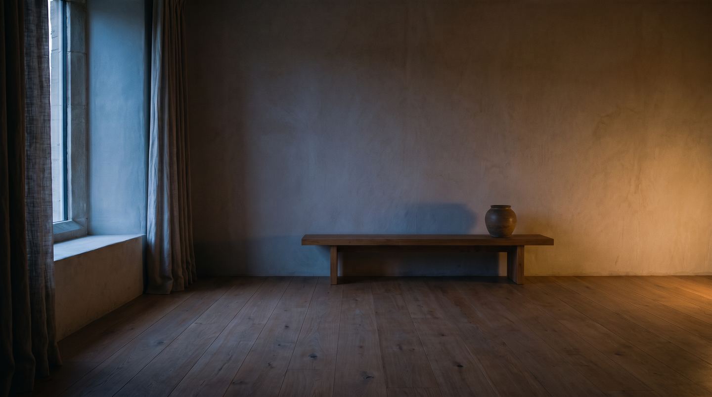 Derselbe Raum zur blauen Stunde, warmes Licht auf Wand und Diele